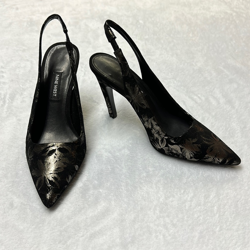 Nine West Slingback Pumps - Black Suede with Metallic Gold Floral Detail